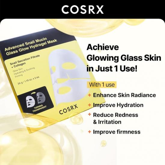 Кутия с 3 бр. маски COSRX Advanced Snail Mucin Glass Glow Hydrogel Mask 34gx3pcs