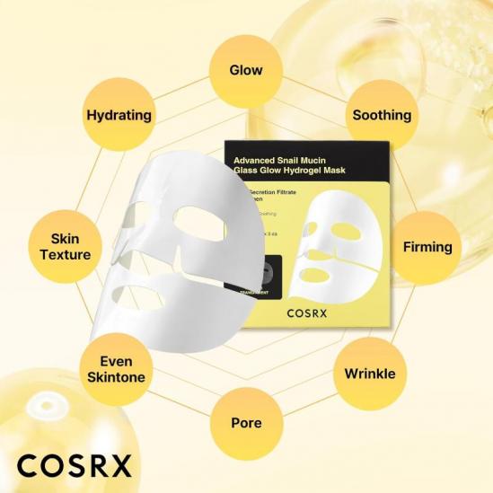 Кутия с 3 бр. маски COSRX Advanced Snail Mucin Glass Glow Hydrogel Mask 34gx3pcs