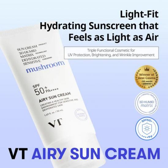  VT COSMETICS Airy Sun Cream Mushroom SPF 50+ PA++++  50ml